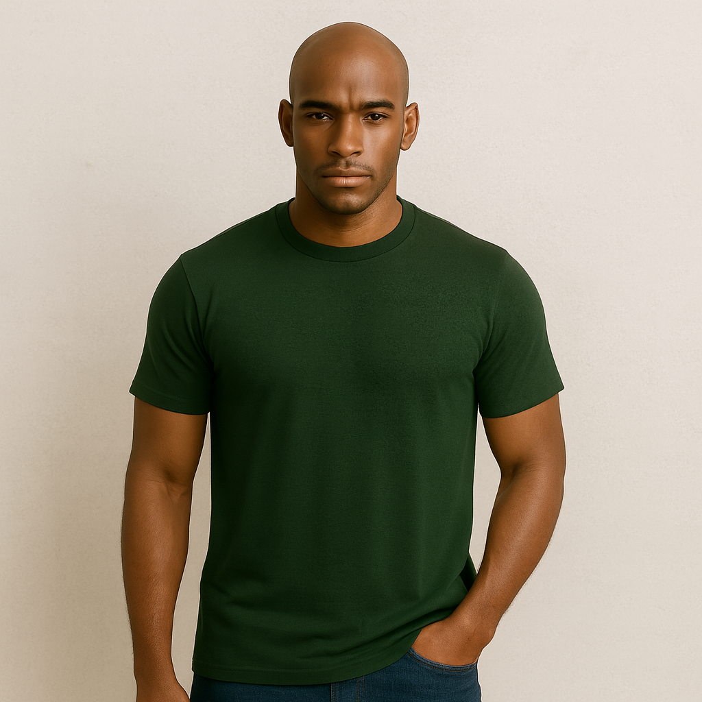 Model trägt dunkelgrünes Herren Basic T-Shirt aus Baumwolle