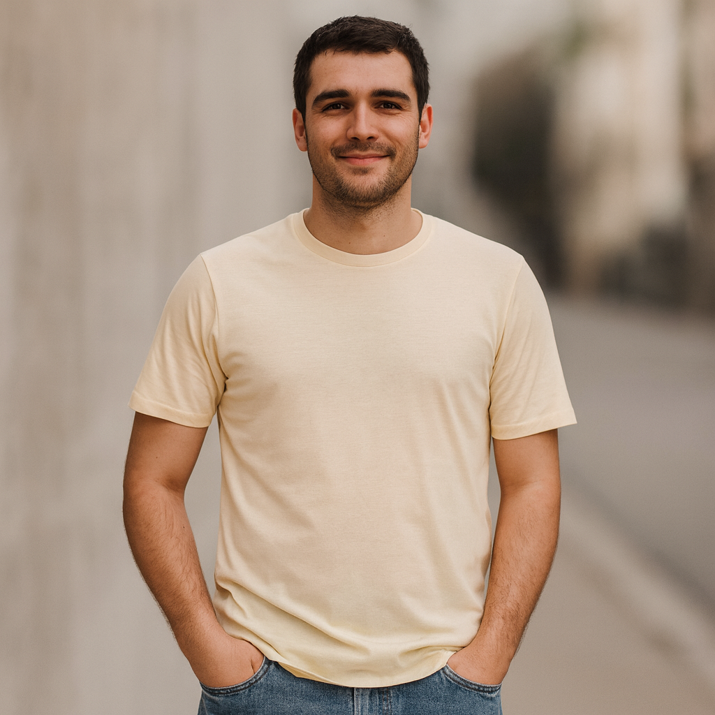 Model trägt beiges Herren Basic T-Shirt aus Baumwolle